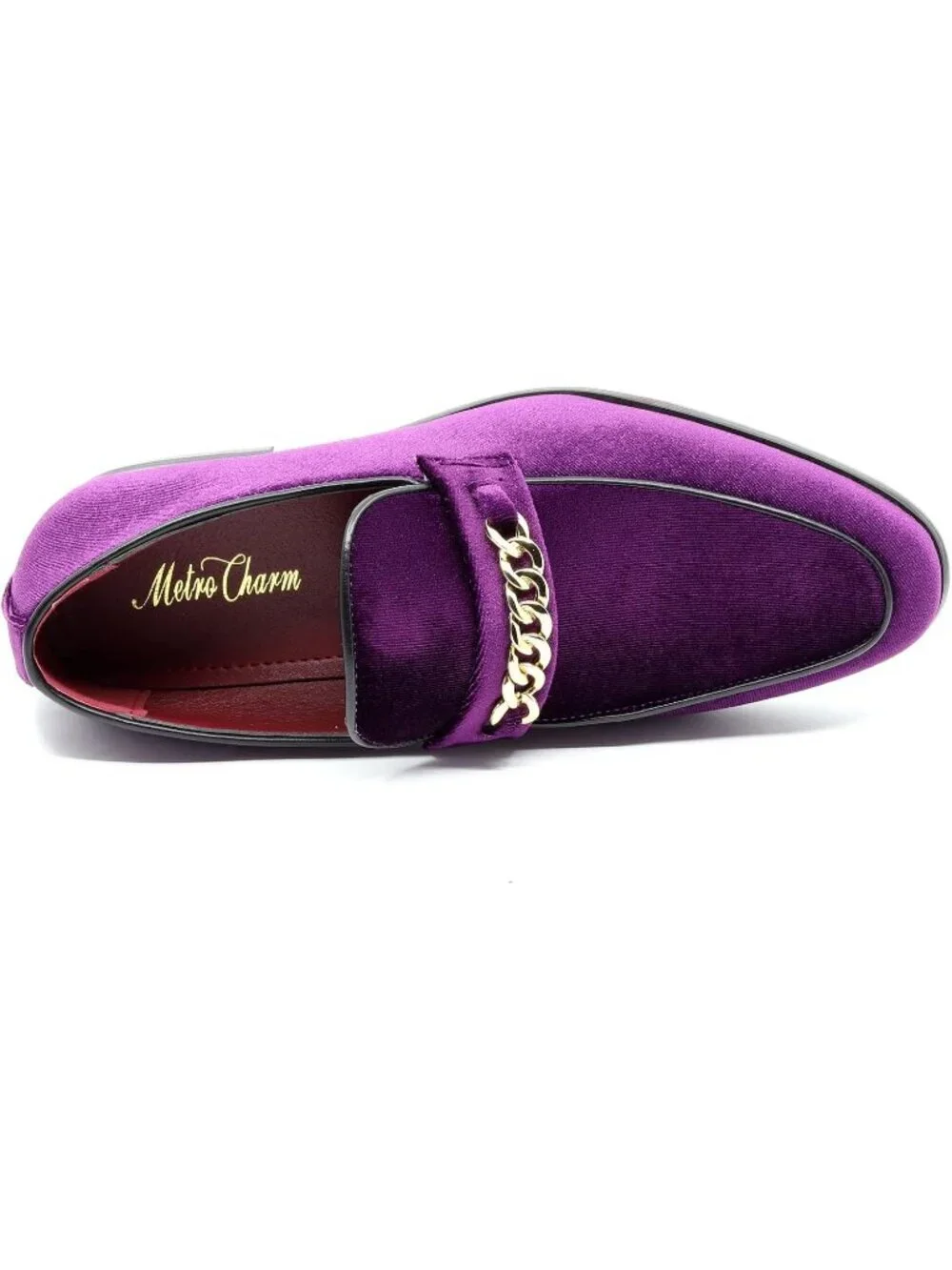 Metrocharm Men's Purple Vintage Velvet Loafers Gold Chain Buckle Slip On Shoes